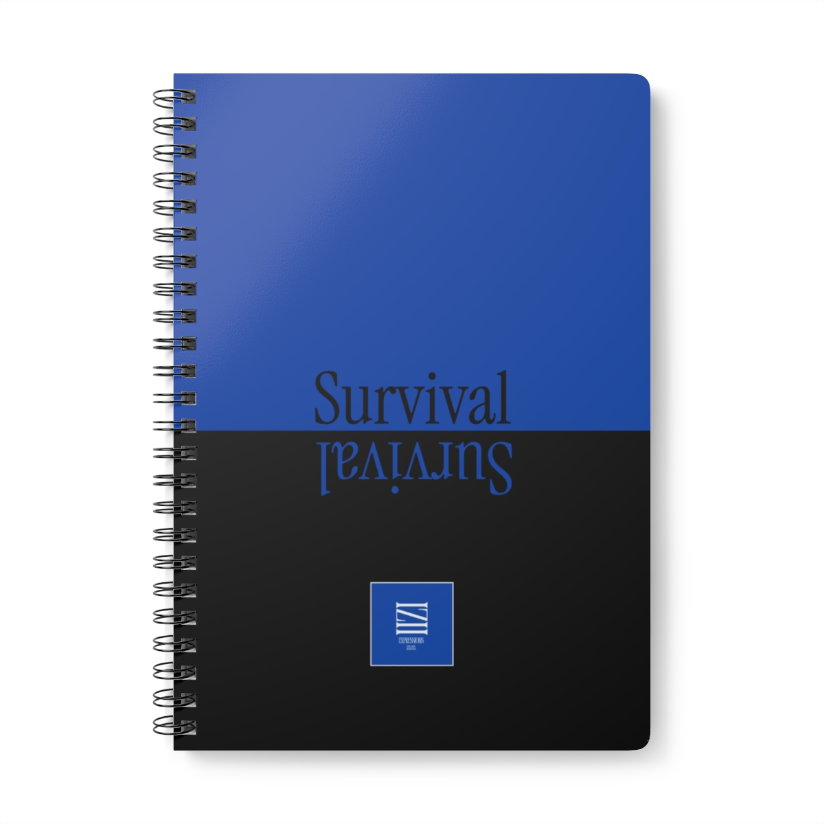 Blue and Black spiral notebook with colored text reading "Survival by iziwinstonexpressions."